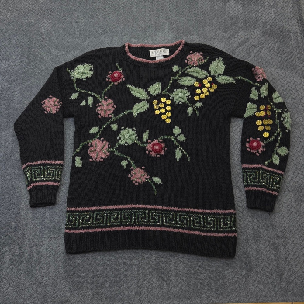 Studio Michelle Stuart Sweater Womens S Floral Coin Knit Black Ramie Cotton VTG